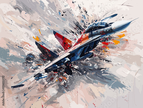 A colorful jet is flying through the sky. The colors are bright and vibrant, giving the image a sense of energy and excitement. The jet is the main focus of the painting, with its wings