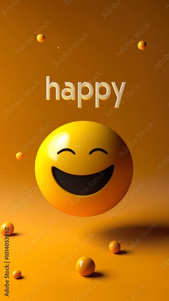 Fototapeta premium Smiling yellow emoji on orange background, joyful expression concept