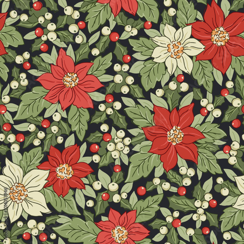Retro Christmas Poinsettia and Holly Berries Vector Seamless Pattern. Festive Flowers and Evergreen Greenery Arrangement. Winter Holidays Botanical Print. Nostalgic Holiday Spirit.