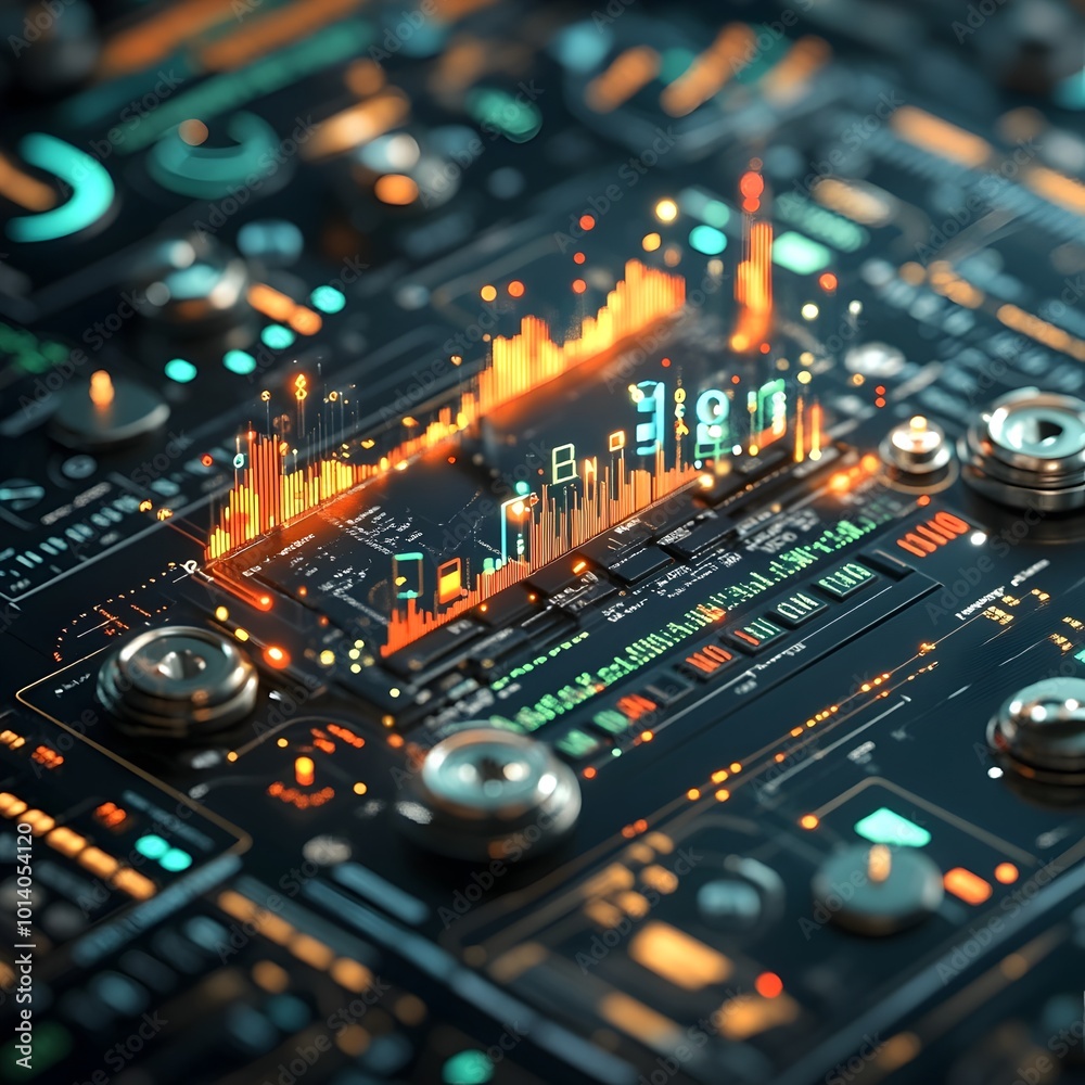 Extreme close up of a futuristic blue digital market trading chart Extreme close up of a futuristic blue digital market trading chart