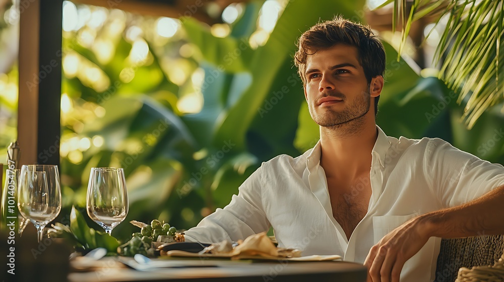 Fototapeta premium A handsome young individual sitting comfortably at a luxurious outdoor dining table, with lush greenery in the background.