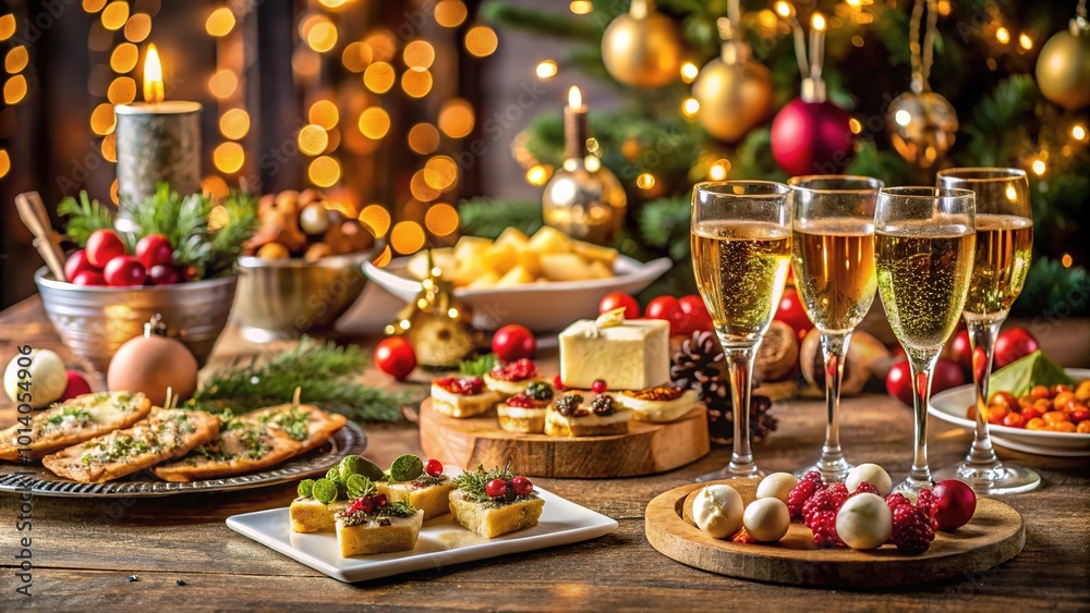 A festive New Year\'s Eve party spread featuring appetizing snacks and champagne glasses amidst holiday decorations A festive New Year\'s Eve party spread featuring appetizing snacks and champagne glasses amidst holiday decorations