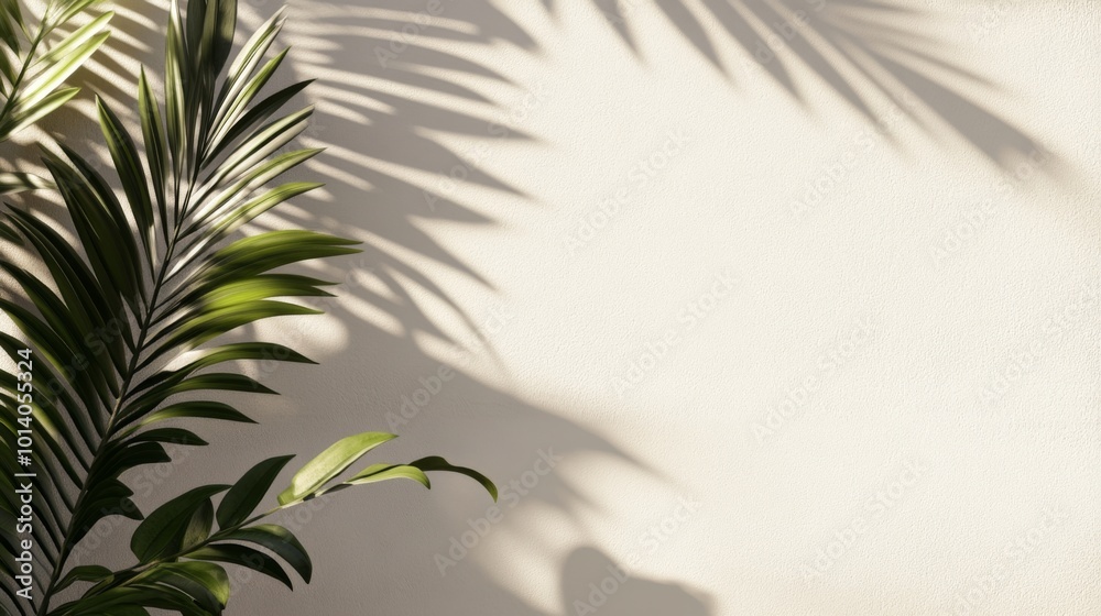 Elegant Minimalist Background Featuring Light Beige Tones and Subtle Shadows, with a Blurred Palm Leaf Silhouette in the Upper Left Corner Against a White Wall, Perfect for Design and Presentation Use