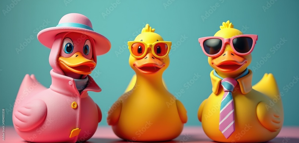 Fun and vibrant cartoon rubber ducks dressed in quirky outfits, perfect for children's products, marketing campaigns, or playful branding. Fun and vibrant cartoon rubber ducks dressed in quirky outfits, perfect for children's products, marketing campaigns, or playful branding.