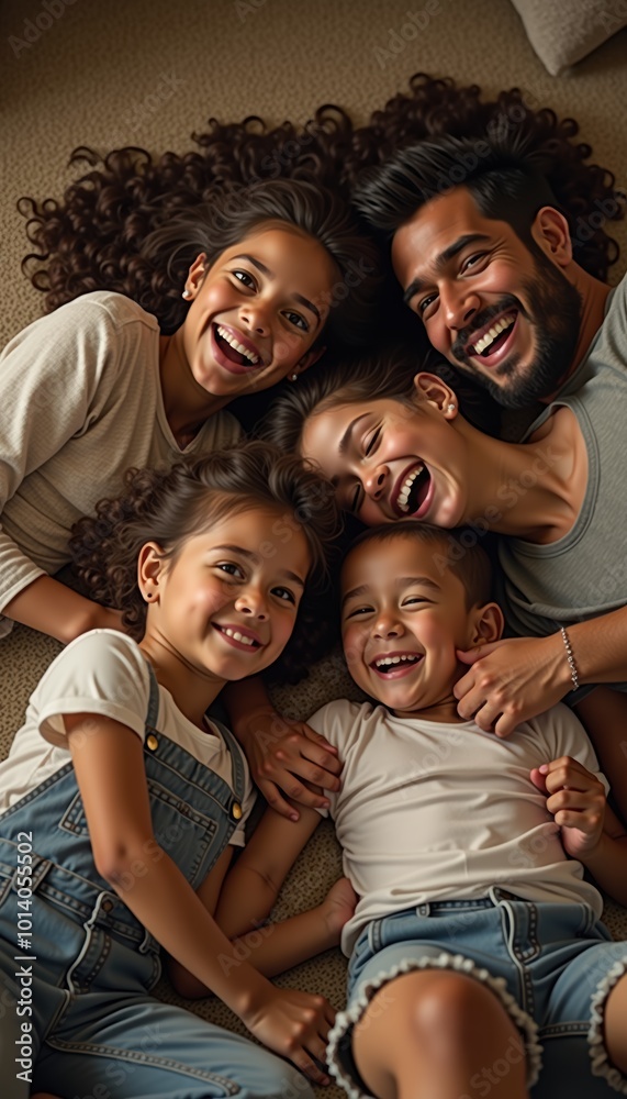A joyful family of four smiles happily while lying together, showcasing love and connection in a cozy home setting. A joyful family of four smiles happily while lying together, showcasing love and connection in a cozy home setting.