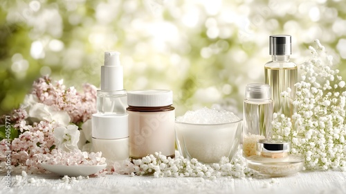 A beautifully arranged showcase of skincare, spa, beauty, and perfume products, highlighting a variety of elegant bottles, creams, and lotions photo