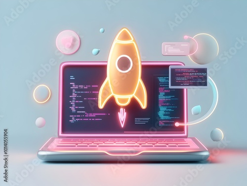 Wallpaper Mural Conceptual 3D rendering showcasing a startup s innovative technological breakthrough  A dynamic laptop rocket icon represents the programming process conveyed through vivid neon tones and a modern Torontodigital.ca