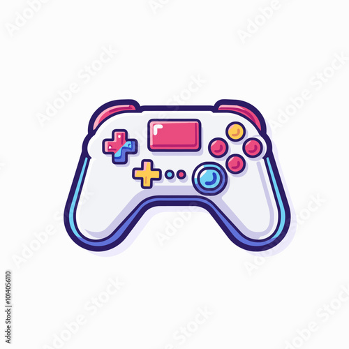 A cartoon style video game controller with a red button in the middle. The controller has a white background