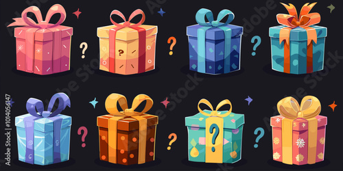 A set of eight colorful boxes with bows on them, each with a different color and design. The boxes are arranged in a row, and they all have a question mark on them