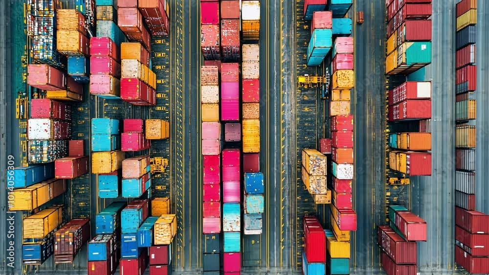 A vibrant aerial perspective of numerous shipping containers efficiently organized at a bustling port. Bright colors highlight the busy logistics hub.