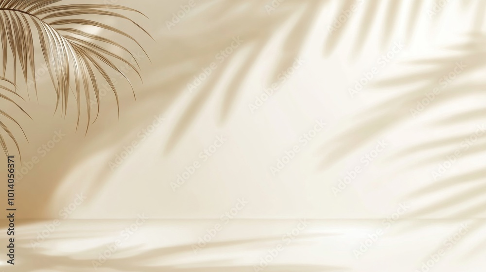 Obraz premium Elegant Minimalist Background Featuring Light Beige Tones and Subtle Shadows, with a Blurred Palm Leaf Silhouette in the Upper Left Corner Against a White Wall, Perfect for Design and Presentation Use