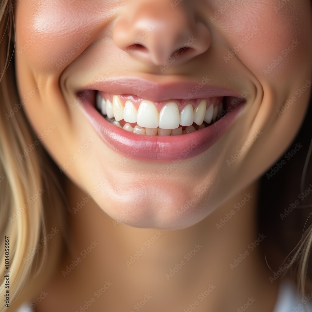 Fototapeta premium A close-up of a smiling woman showcasing bright, healthy teeth, perfect for dental, health, beauty, and lifestyle promotions.