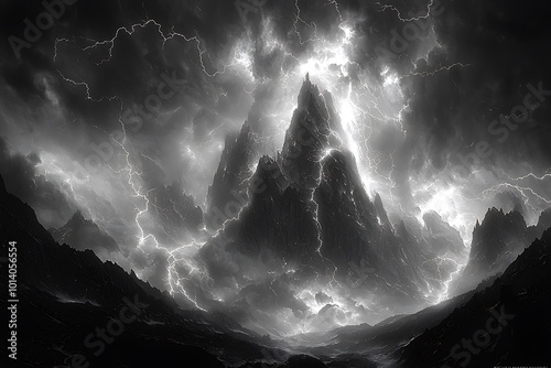 Mountain peak is struck by multiple bolts of lightning simultaneously the electric tendrils spreading across the sky like veins in a surreal landscape photo