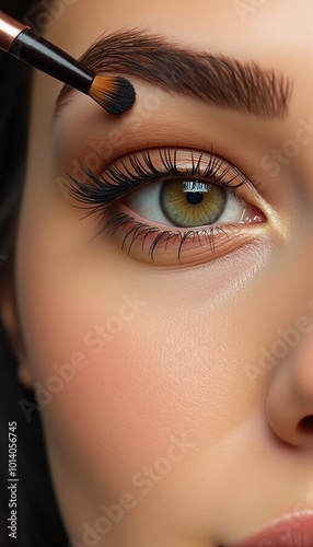 Close-up of a woman's eye being enhanced with makeup, showcasing beautiful lashes and brows, ideal for beauty and cosmetic industry applications.