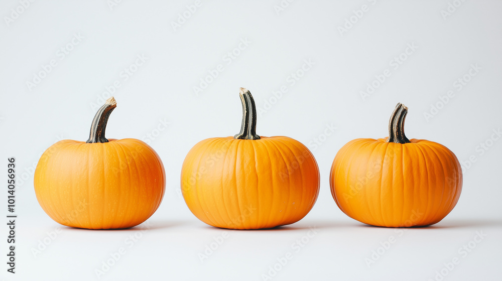 Three Halloween pumpkins arranged in a row on a white background, featuring carved faces and vibrant orange color, creating a simple yet festive and spooky atmosphere. Three Halloween pumpkins arranged in a row on a white background, featuring carved faces and vibrant orange color, creating a simple yet festive and spooky atmosphere.