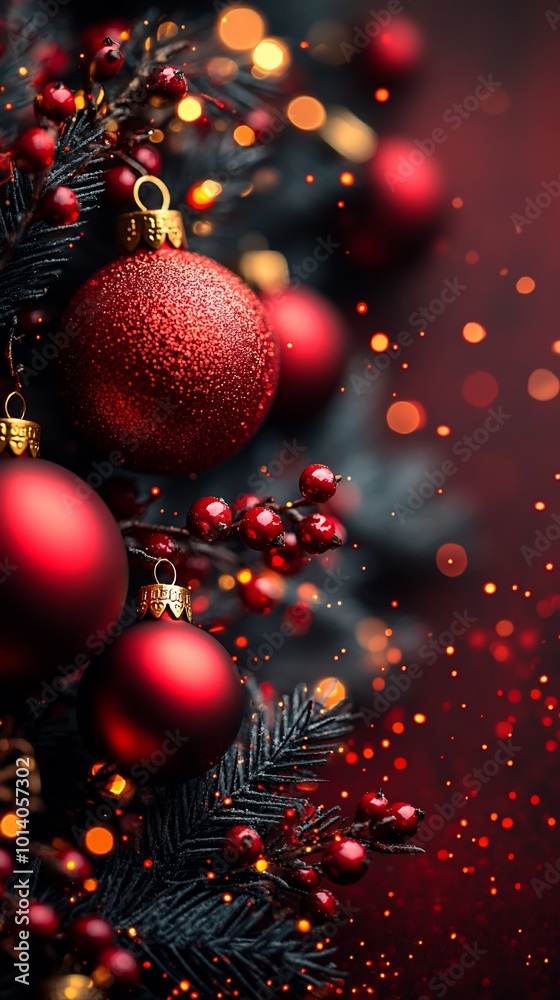 Red Christmas ornaments with pine branches and berries against a bokeh background. Red Christmas ornaments with pine branches and berries against a bokeh background.