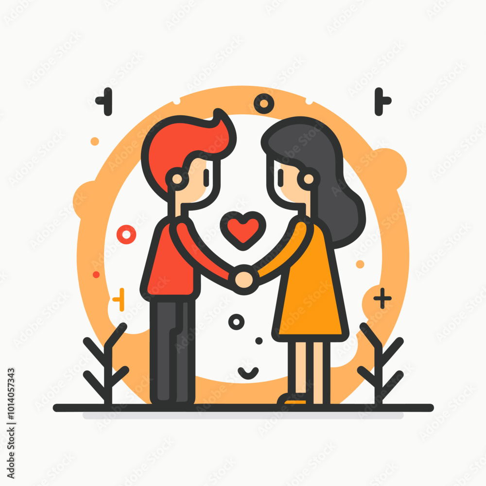 Human relation concept vector. A man and a woman are holding hands and sharing a heart. Concept of love and affection between the two people Human relation concept vector. A man and a woman are holding hands and sharing a heart. Concept of love and affection between the two people