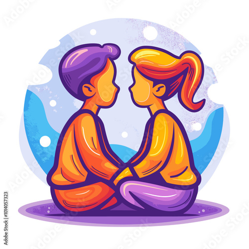 Human relation concept vector. A couple of people are sitting on the ground and holding hands. The girl is wearing a yellow sweater