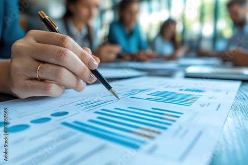 Someone is writing on a piece of paper with a pen, analyzing a report together photo