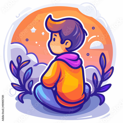 A boy is sitting on the ground with his legs crossed. He is wearing a yellow hoodie and a purple scarf. The background features a cloudy sky and some leaves