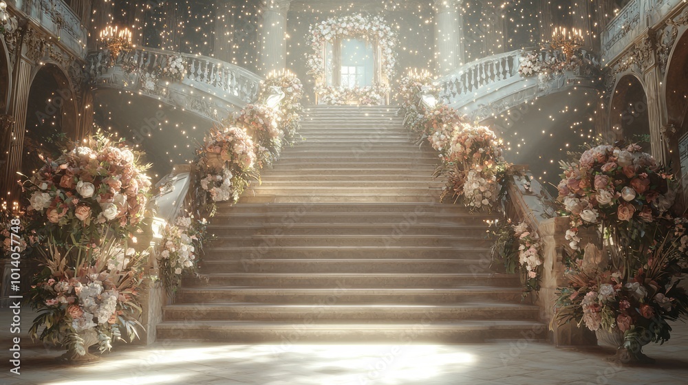 Enchanting Ray Tracing Wedding Scene with Grand Staircase and Fairy Lights in Historic Mansion Enchanting Ray Tracing Wedding Scene with Grand Staircase and Fairy Lights in Historic Mansion