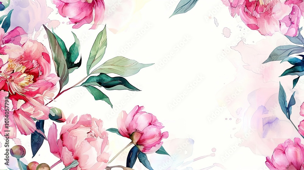 Vibrant pink peonies in watercolor style with leaves and soft pastel background create a serene floral arrangement Vibrant pink peonies in watercolor style with leaves and soft pastel background create a serene floral arrangement
