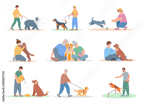 Set of man and woman with dogs. People walking, playing, feeding and training with dog. Dog lover, owner or volunteer characters. Vector flat illustration isolated on white background.