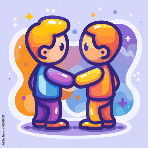 Two men shake hands in a cartoonish style. Concept of friendship and camaraderie