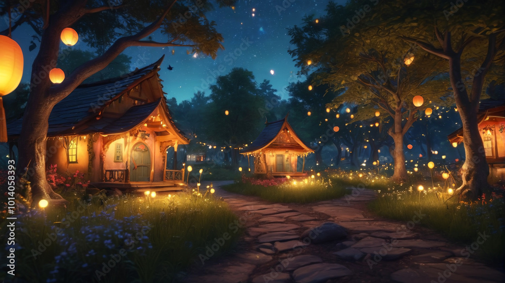 Illuminated by the soft glow of fireflies, the elf village twinkles with colorful lanterns and glowing orbs, turning the night into a magical spectacle of light and color, Generative AI