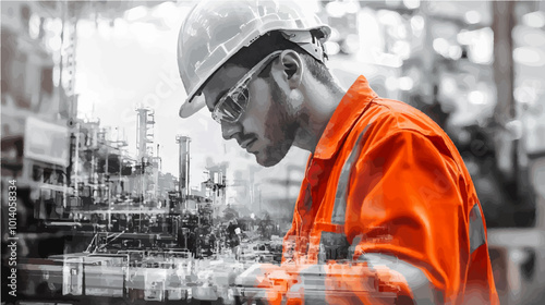 Double exposure of a construction worker focused on his task with industrial elements layered in the background. Ideal for engineering and industry-related designs.