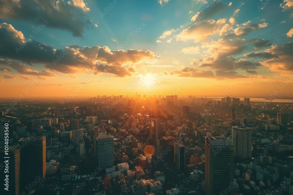 The sun is setting over a city with a beautiful orange sky, generative ai image