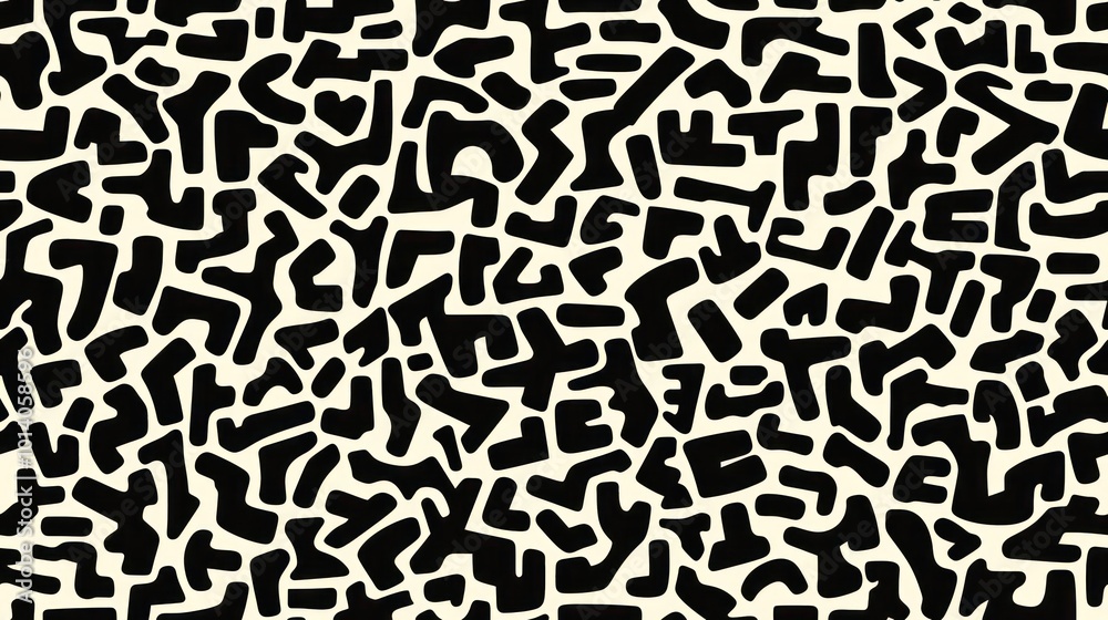 A black and white abstract pattern featuring irregular shapes, creating a visually engaging texture.