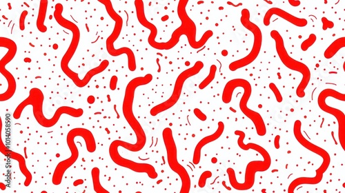 A vibrant abstract pattern featuring red wavy lines and dots on a white background, creating a playful and dynamic visual effect.