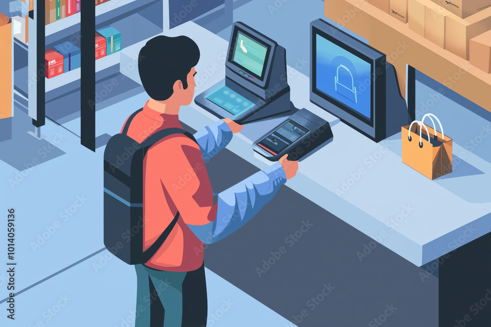 A man scans his groceries at a self-checkout station in a modern retail store on a busy shopping day A man scans his groceries at a self-checkout station in a modern retail store on a busy shopping day