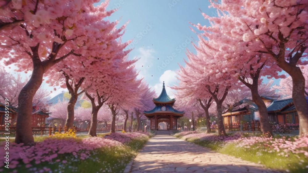 Hidden among the blossoming cherry trees, the elf village is a symphony of colors, with delicate petals swirling in the breeze and colorful ribbons adorning every corner, Generative AI Hidden among the blossoming cherry trees, the elf village is a symphony of colors, with delicate petals swirling in the breeze and colorful ribbons adorning every corner, Generative AI