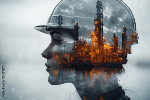 Double exposure of a woman construction worker's profile and industrial structures, symbolizing the human side of industrial progress. Ideal for industry-related projects.