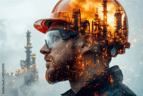Profile of a male construction worker combined with glowing industrial plant, using double exposure technique. Ideal for energy, construction, and industrial visuals.