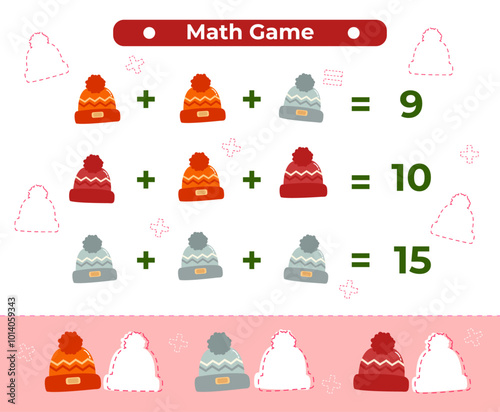 Educational math game for kids. Vector children illustration game with hat, beanie. Learning mathematics, numbers, addition practice. Math kids activity sheet