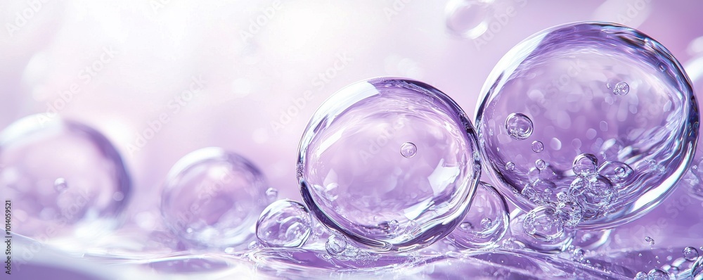 Purple and white abstract background with transparent spheres creating a dreamy and ethereal atmosphere