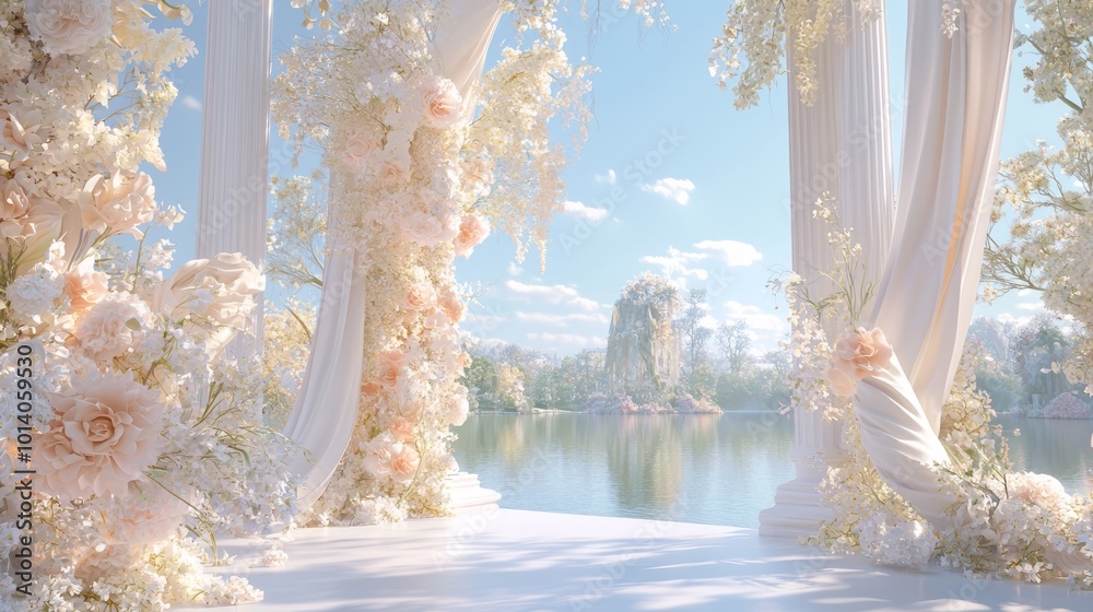 Enchanting Ray Tracing Wedding Fantasy with Cascading Florals and Tranquil Lake | 3D Visual Art Concept