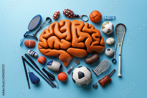 Exploring the intersection of sport psychology and athletic performance through diverse sports equipment on a vibrant background