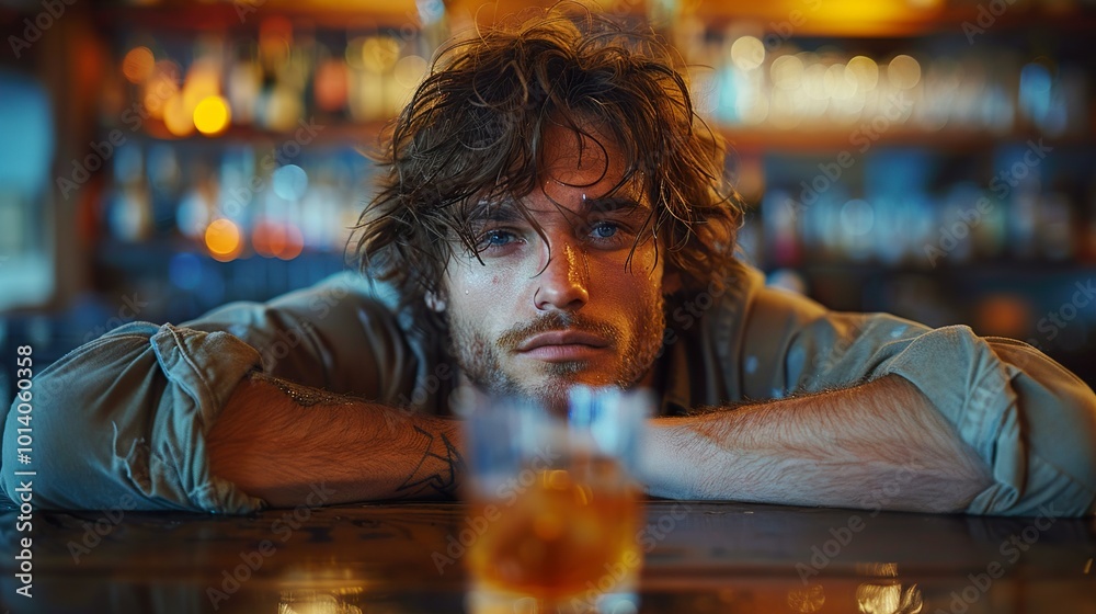 Man with Drink at a Bar - Pensive Portrait Man with Drink at a Bar - Pensive Portrait