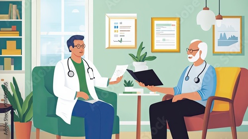 Healthcare professional consults with an older patient in a bright and welcoming office setting