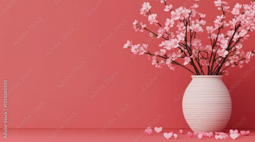 Pink cherry blossom branches in white vase against a coral background. Pink cherry blossom branches in white vase against a coral background.