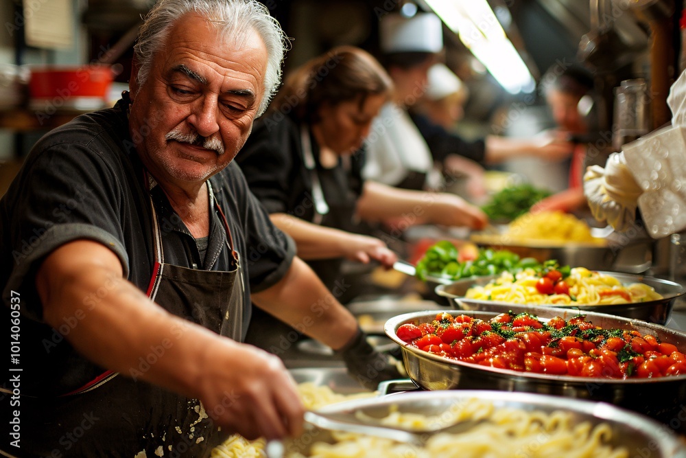 In a lively kitchen, chefs focus on crafting delicious dishes, skillfully cooking fresh pasta and vibrant vegetables In a lively kitchen, chefs focus on crafting delicious dishes, skillfully cooking fresh pasta and vibrant vegetables