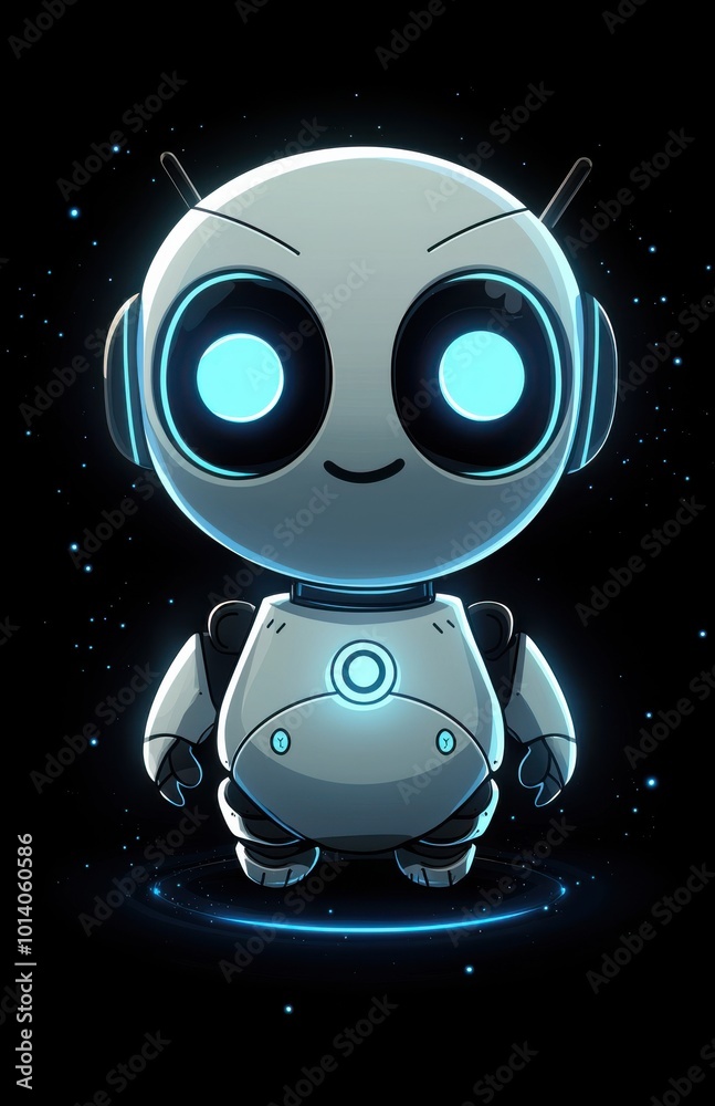 Charming white and blue robot character with glowing eyes in a digital setting Charming white and blue robot character with glowing eyes in a digital setting
