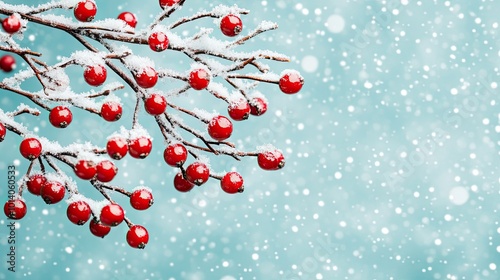 Red berries on a snowy branch against a soft blue background.