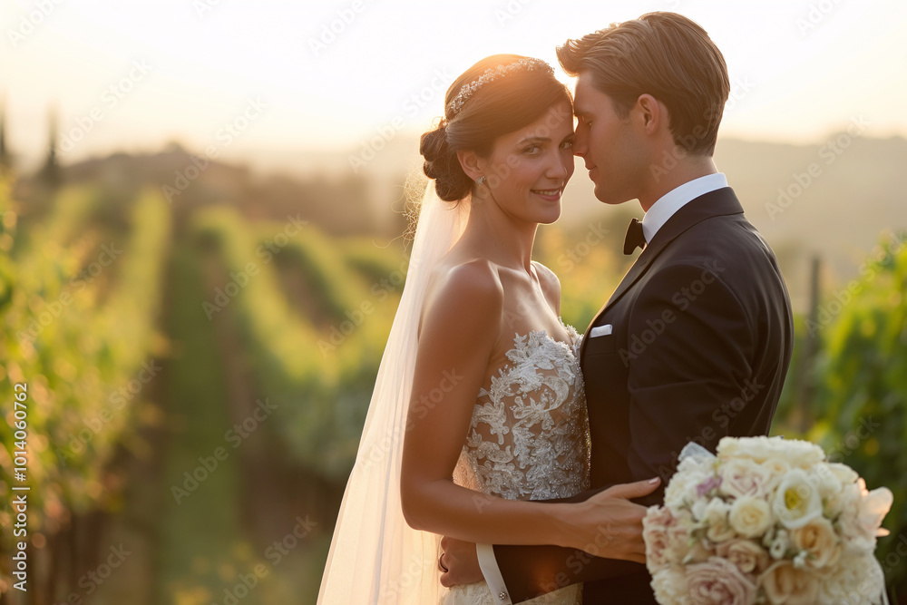 A bride and groom share a tender moment in a vineyard, holding each other close as the sun sets behind them, casting a warm glow, while the bride holds a bouquet of flowers