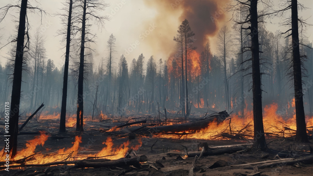 In the aftermath of the wildfire, charred trees stand as silent witnesses to the destructive power of nature's fury, Generative AI In the aftermath of the wildfire, charred trees stand as silent witnesses to the destructive power of nature's fury, Generative AI