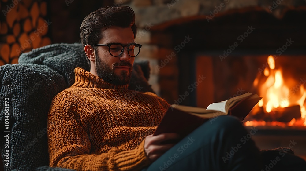 A portrait of a man in a cozy sweater sitting in front of a fireplace with a book. A portrait of a man in a cozy sweater sitting in front of a fireplace with a book.